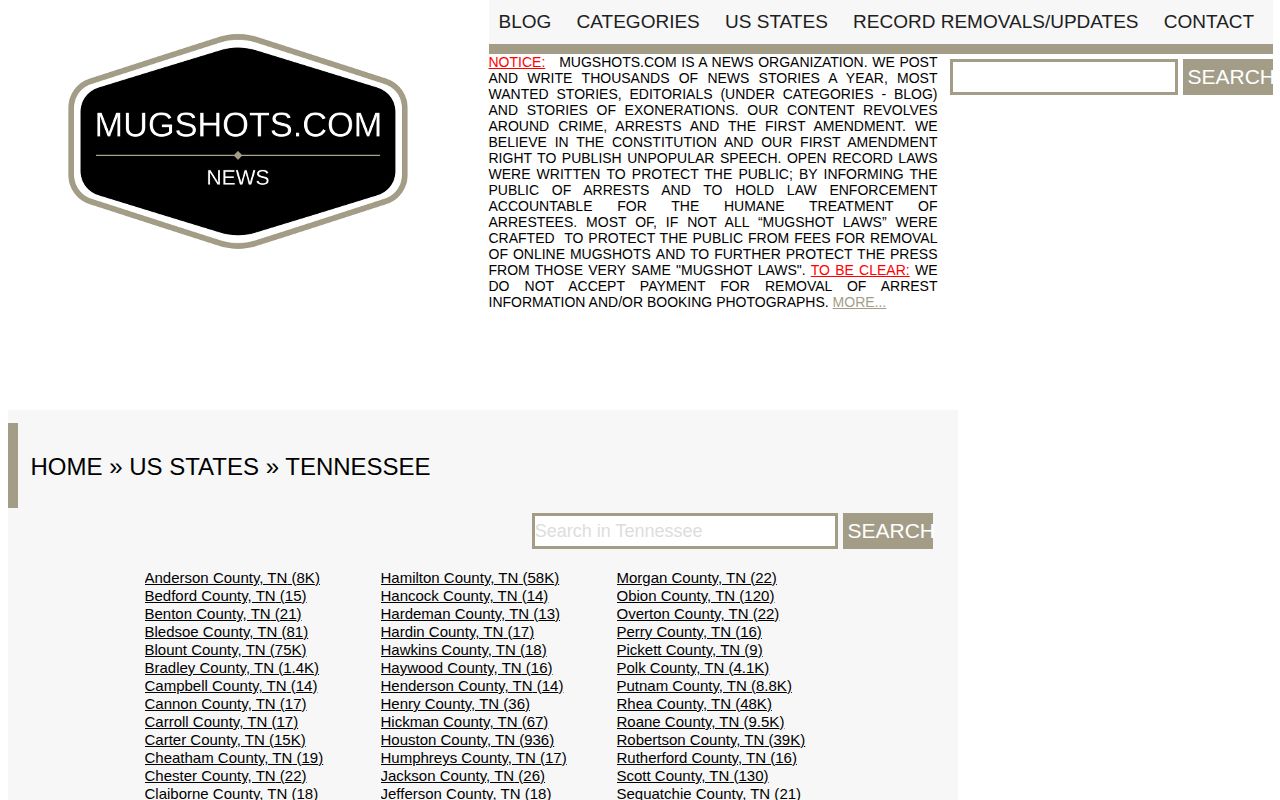 Moore County Tennessee mugshot listing index captured as an unofficial secondary source